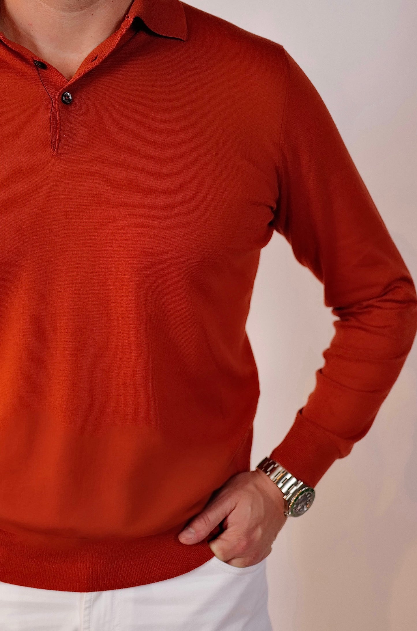 Cotton/Cashmere Blend LS Polo - Rust