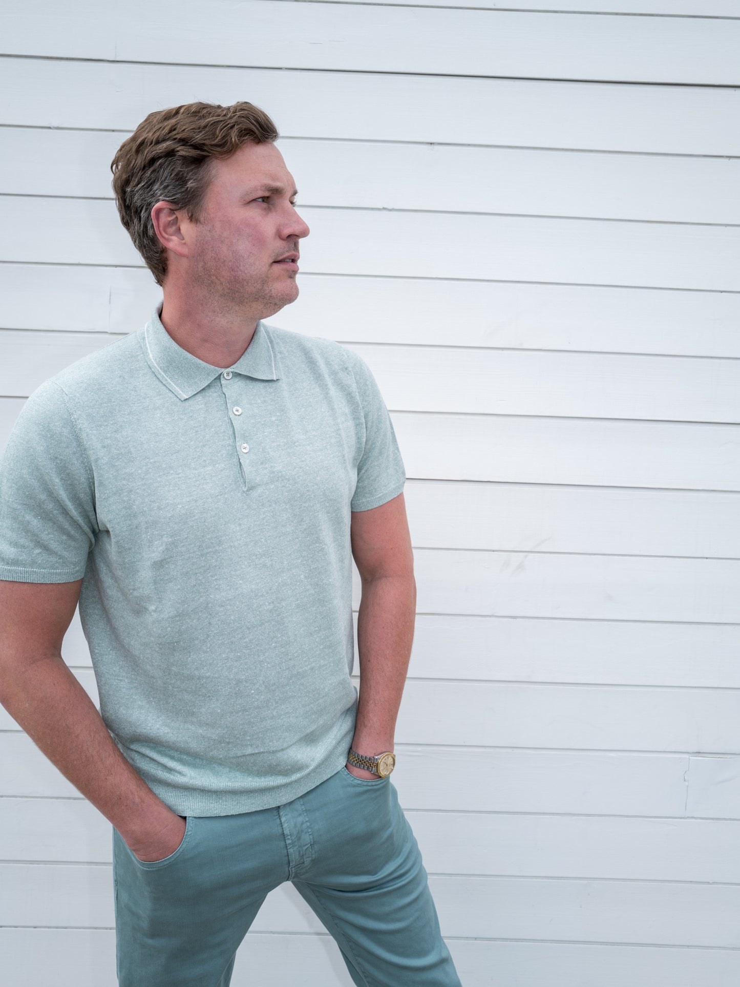 Linen Cotton Knit Polo - Verde Acqua