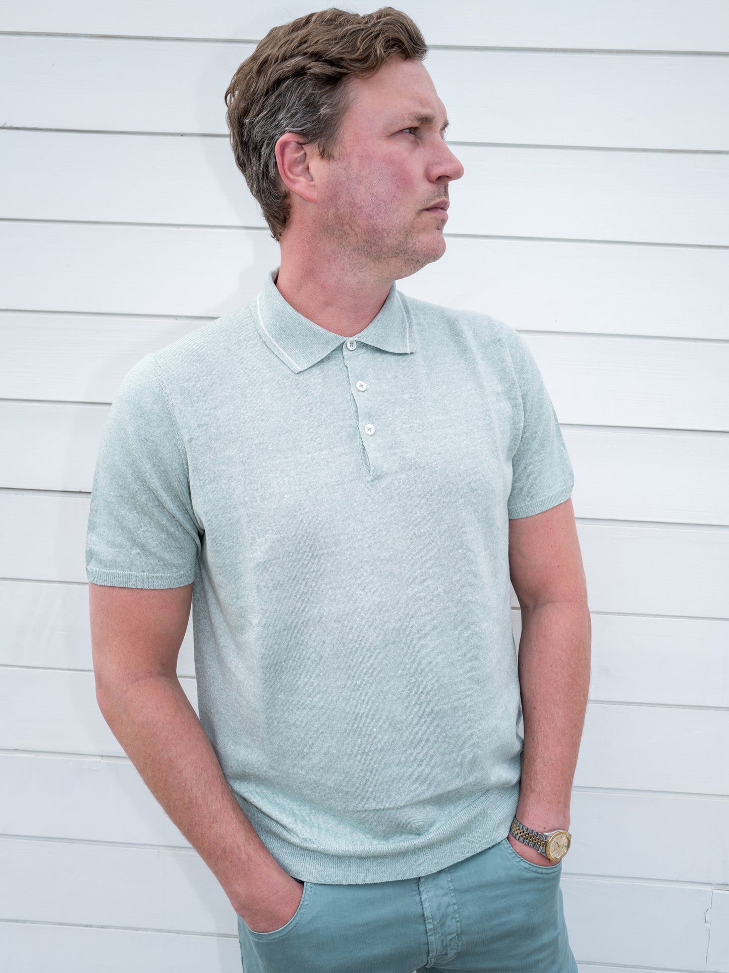 Linen Cotton Knit Polo - Verde Acqua