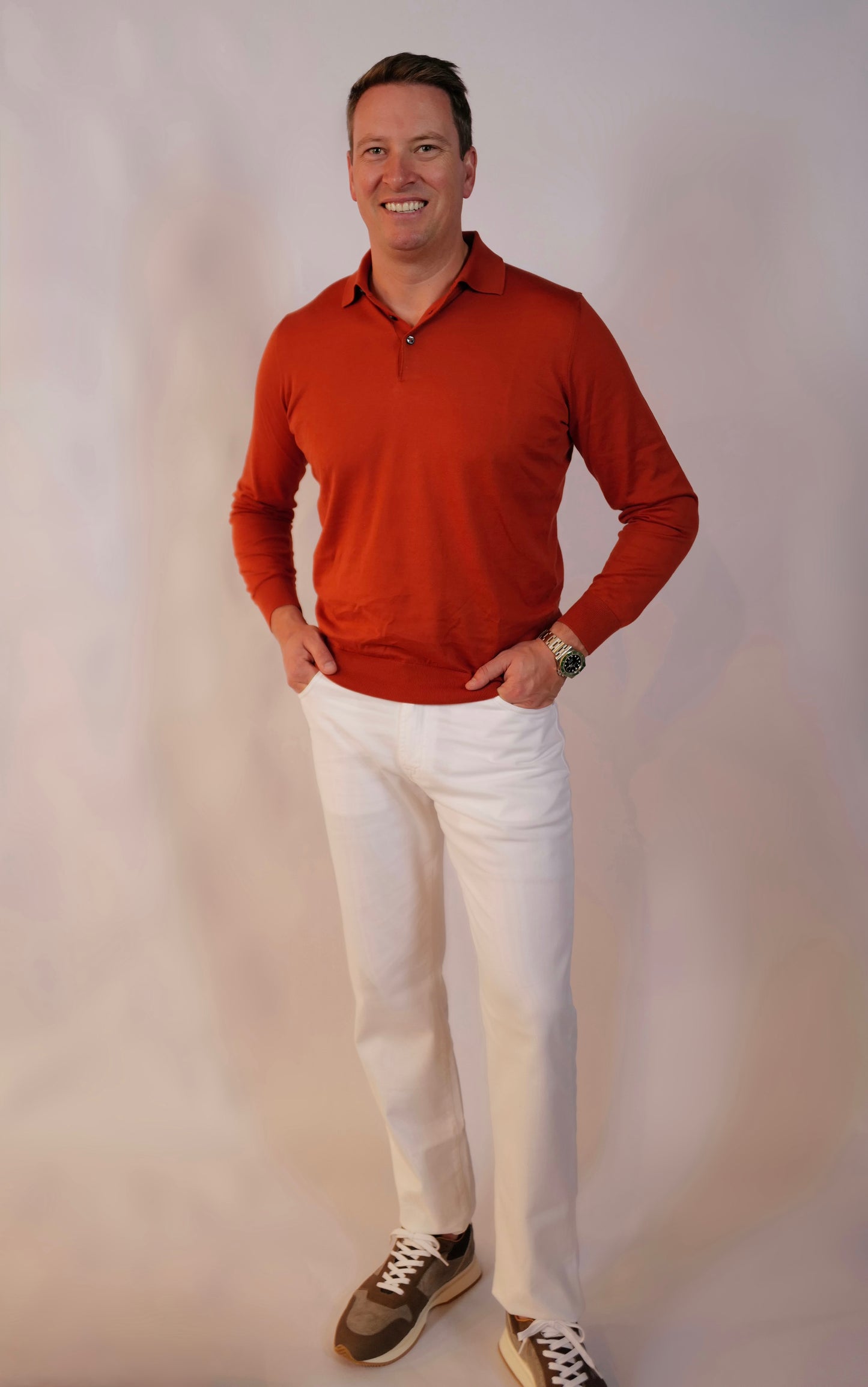 Cotton/Cashmere Blend LS Polo - Rust