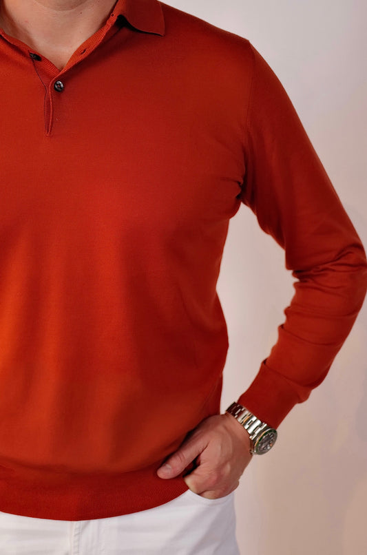 Cotton/Cashmere Blend LS Polo - Rust