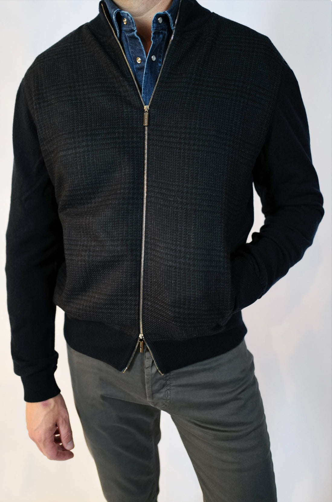 Hydra Navy Plaid Cashmere Bomber
